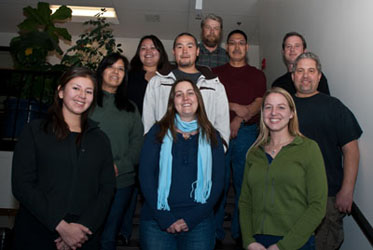 Participants in the Yukon River Inter-Tribal Watershed Council Workshop meets at NSIDC in Boulder, Colorado, October 9 to 11, 2010. Bottom from left to right: Carol Thomas, Nicole Herman-Mercer, Leah Mackey. Second row L to R: Heidi McCann, Victor Tonuchuk, Paul Schuster. Third row L to R: Roberta Murphey, J. Hootch, Peter Pulsifer. Top: Kelly Elder. Photo credit: Chris McNeave