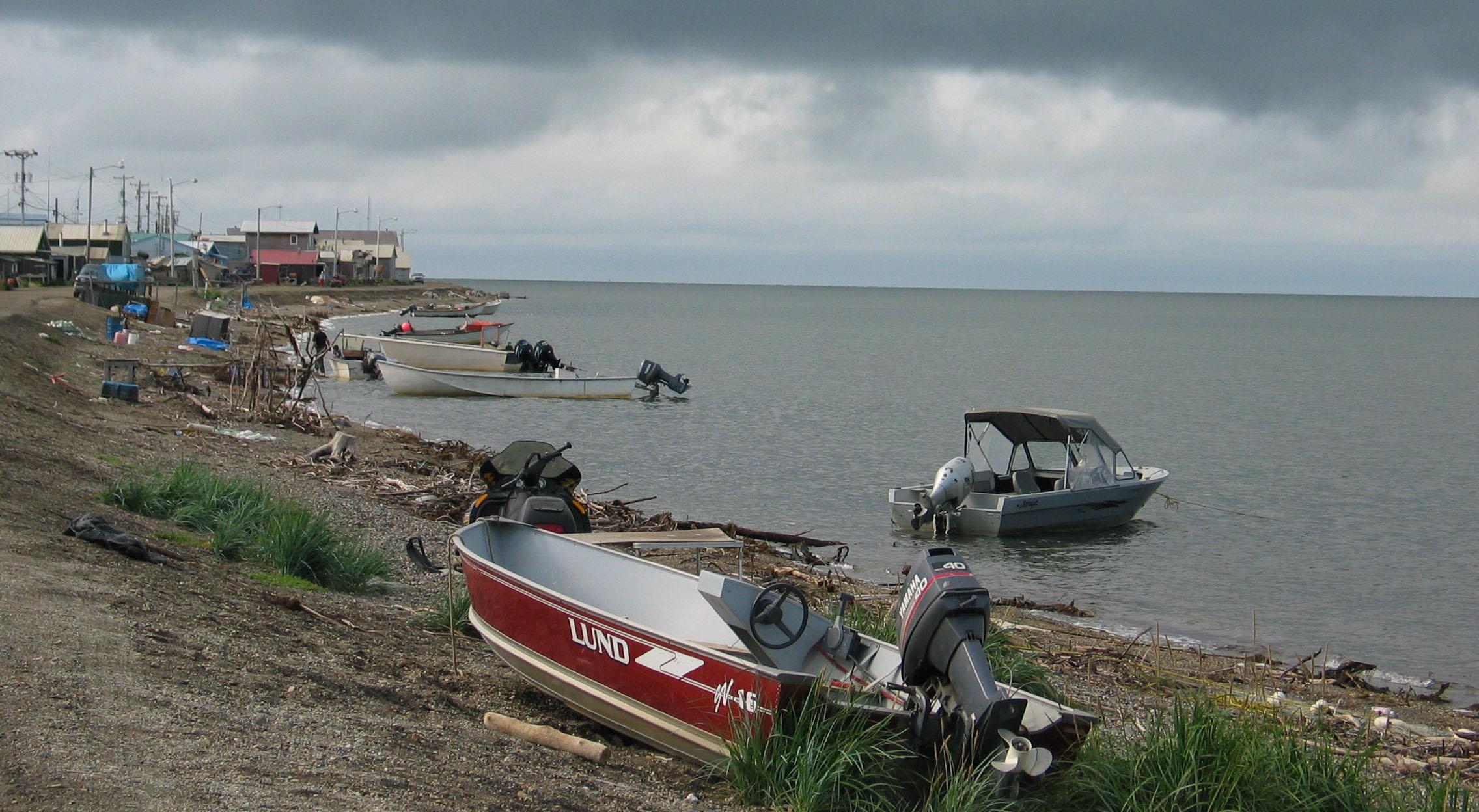 Boats line the coast of Kotzebue's Front Street beach.