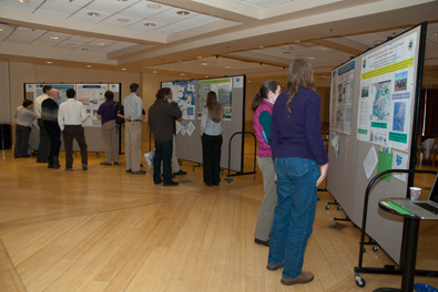 ELOKA workshop participants mingle at the poster session. The poster session offered participants another avenue to present their projects. Photo credit: Chris McNeave