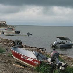 Boats line the coast of Kotzebue's Front Street beach.